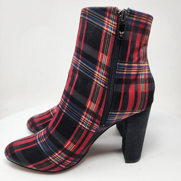 J. Renee Barbet Heeled Booties Women 8M Plaid Red Black Blue Block Heel Side Zip - Picture 7 of 12